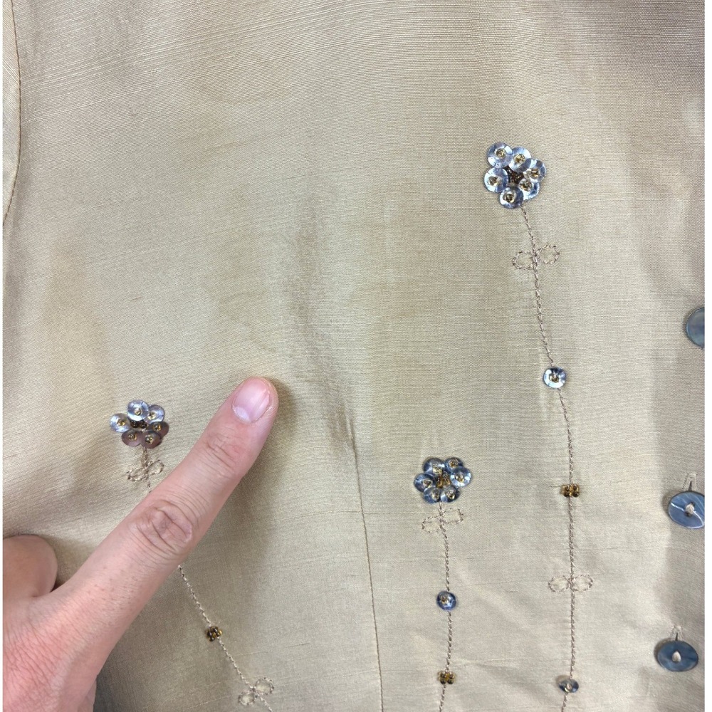 Anne Carson Beaded Button Down Shirt Womens S Gold Silk 3/4 Sleeve Formal - Picture 5 of 13